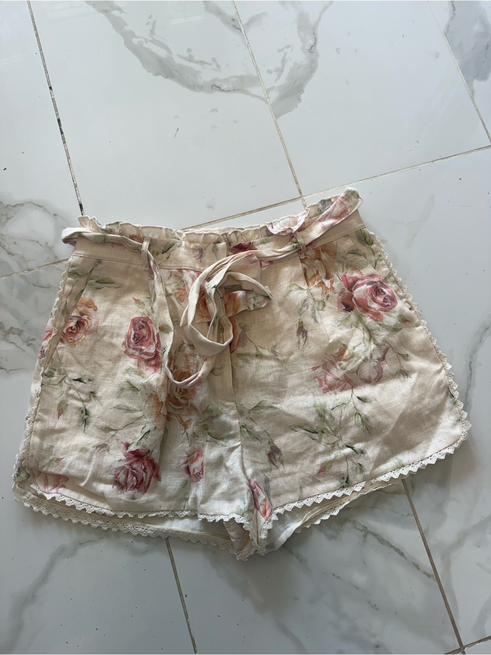 LoveShackFancy Cream Shorts with Pink Floral Print